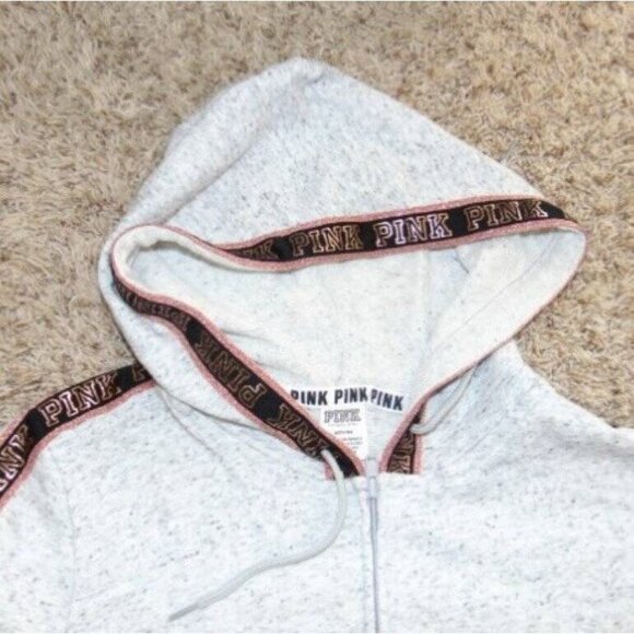 Womens Victorias Secret PINK Jacket Medium Zip Up Gray Gold Sequin Hoodie - Picture 3 of 6